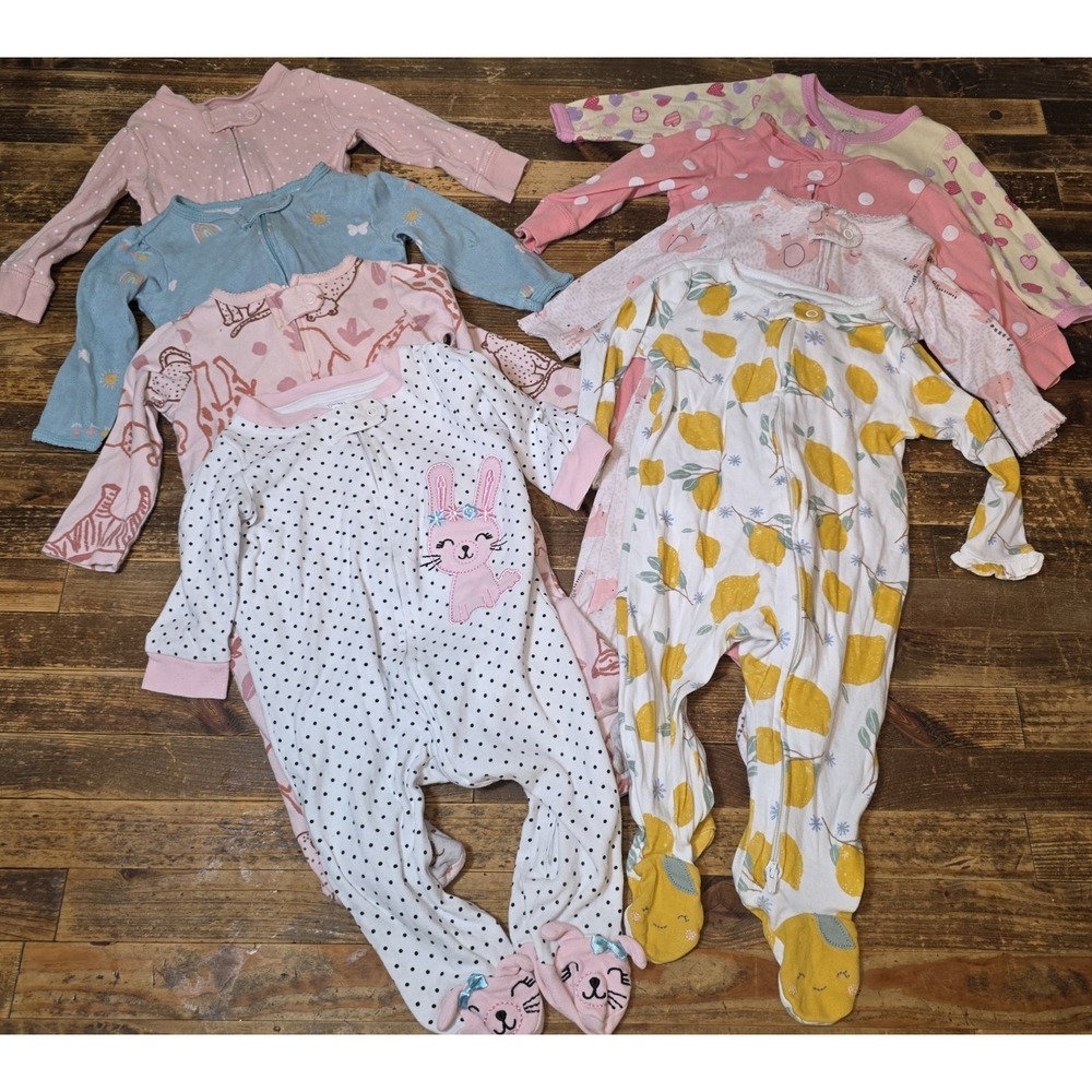 8 Baby Girl Size 6 mo Footed Zip Up One Piece Sleeper Pajama Lot  Bundle Infant
